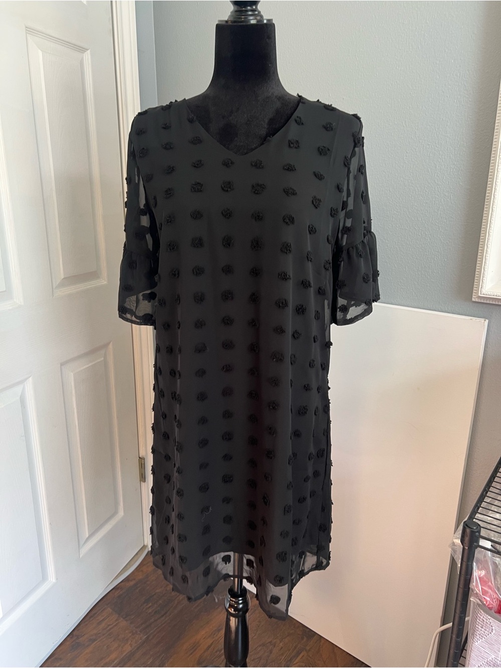 Black Textured Dot Shift Dress - Elegant Women's Dress